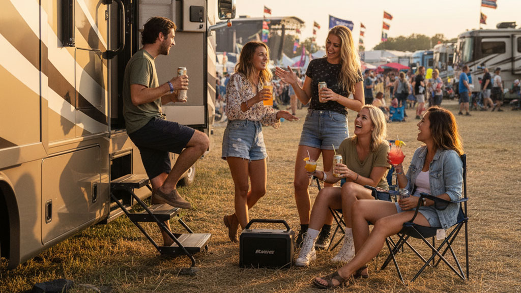 A group of five happy young adults socializing and drinking beverages outside an RV at an outdoor festival or campground during golden hour, with other RVs and people in the background.