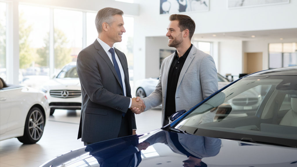 Smiling car salesman in a suit shaking hands with a happy male customer in a modern car dealership, finalizing a successful vehicle purchase.