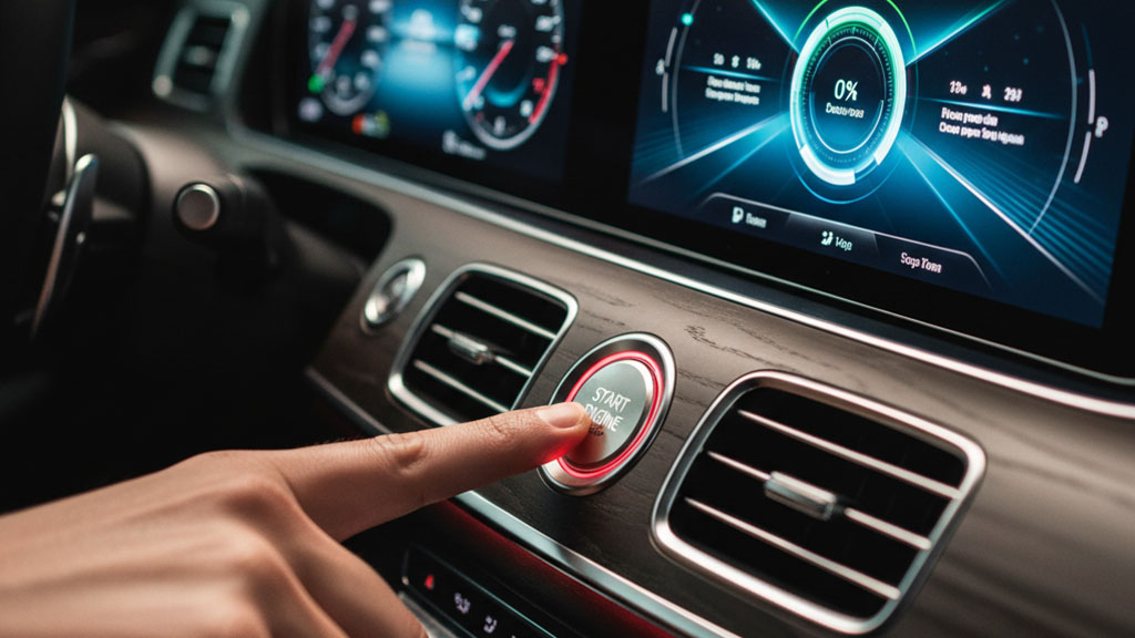 A finger presses the illuminated "START ENGINE" button on a luxury car's dashboard, with digital instrument clusters and infotainment screen visible in the background.