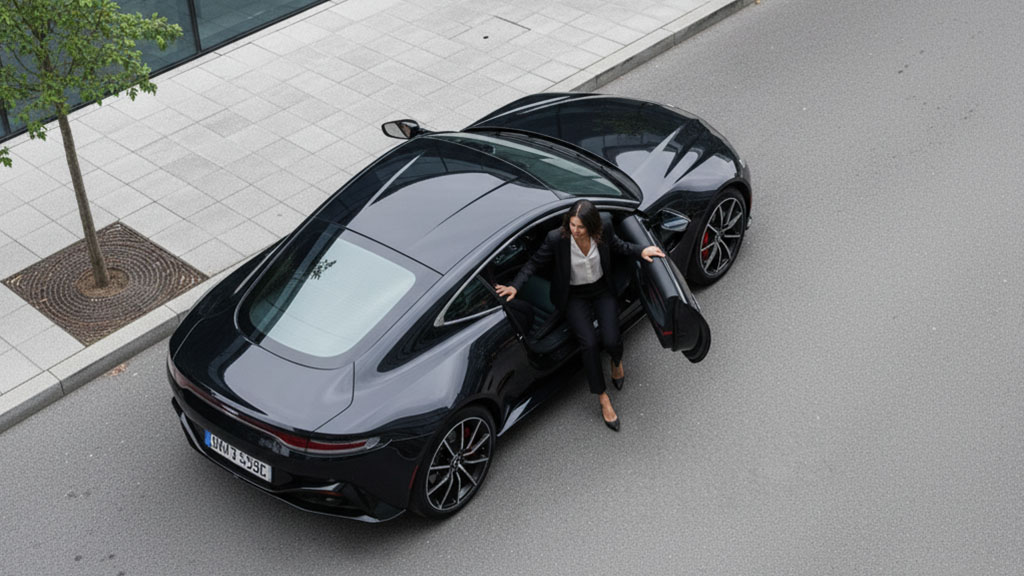 Overhead view of a businesswoman in a suit stepping out of a sleek black luxury sports car parked on a city street with a tree and sidewalk visible.