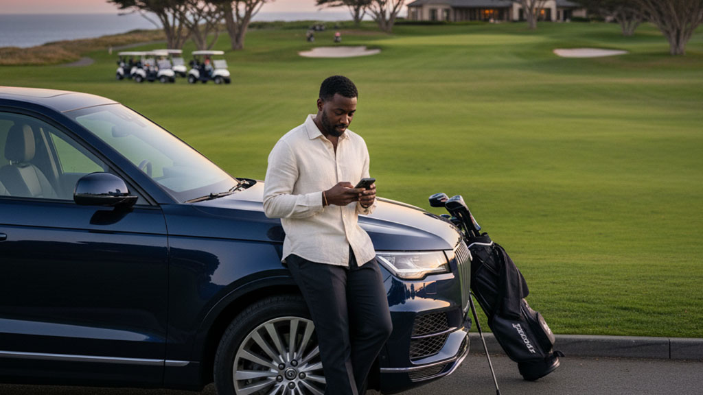 A man in a collared shirt leans on a dark blue luxury SUV, checking his phone, with a golf bag beside the car and a lush green golf course with golf carts in the background.