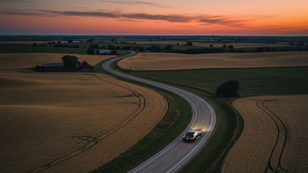 Aerial view of a black car with headlights on, driving along a winding road through golden crop fields at dusk, with a red barn and subtle stars visible in the colorful sky.