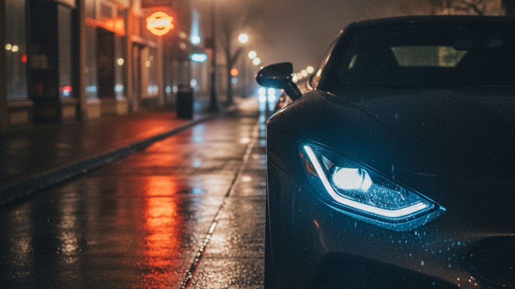 Close-up of the glowing LED headlight of a dark sports car parked on a wet city street at night, with blurred neon lights and reflections from storefronts.
