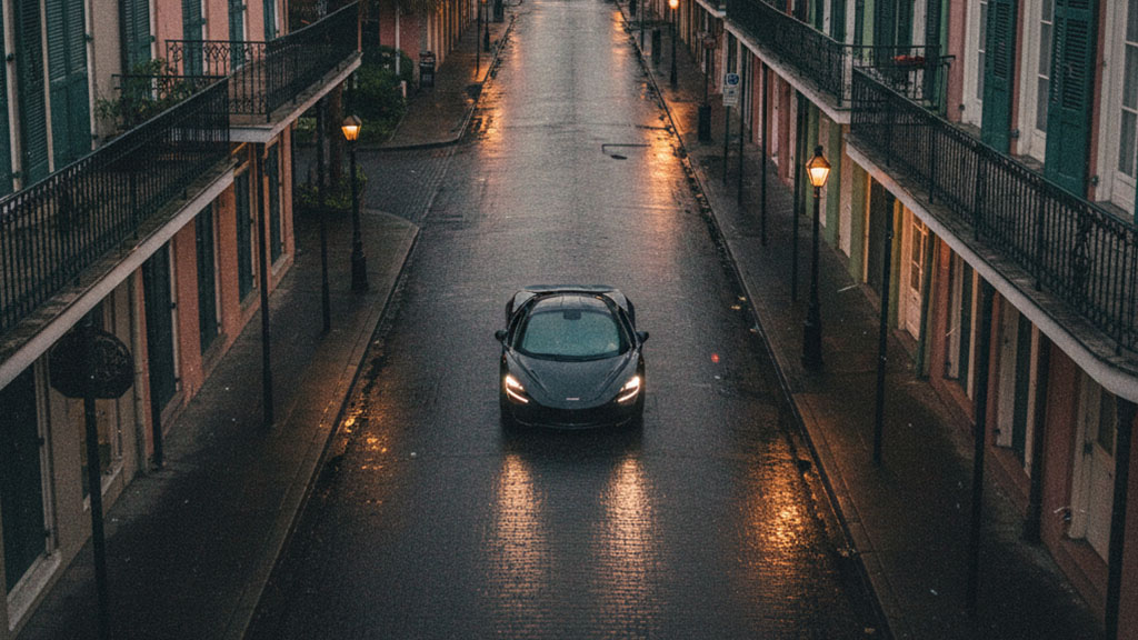 Overhead view of a black McLaren sports car with headlights on, driving down a wet, narrow street lined with colorful historic buildings and iron balconies at dusk or night.