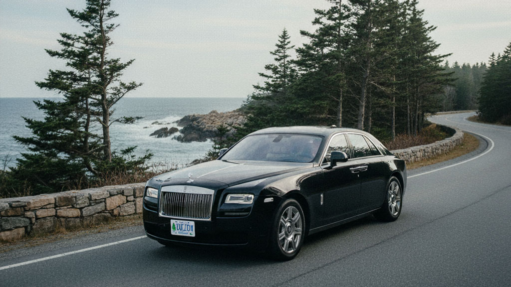 A luxurious black Rolls-Royce sedan driving on a scenic coastal road lined with pine trees and a stone wall, with the ocean and rocky shoreline visible in the background under an overcast sky.