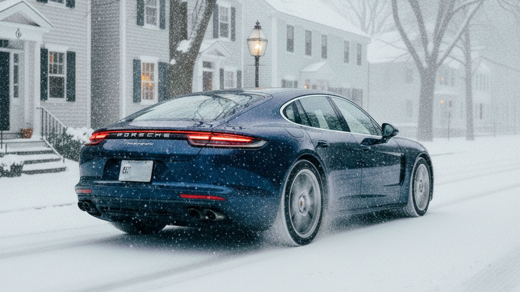 Rear view of a dark blue Porsche Panamera driving on a snow-covered residential street during a snowfall, with blurred houses and bare trees in the background.