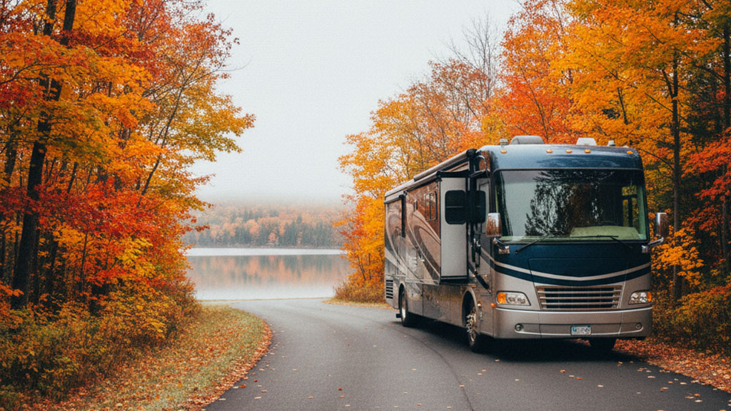 Luxury RV parked on a winding road surrounded by vibrant fall foliage with a serene lake in the background, showcasing autumn travel and RV adventures.