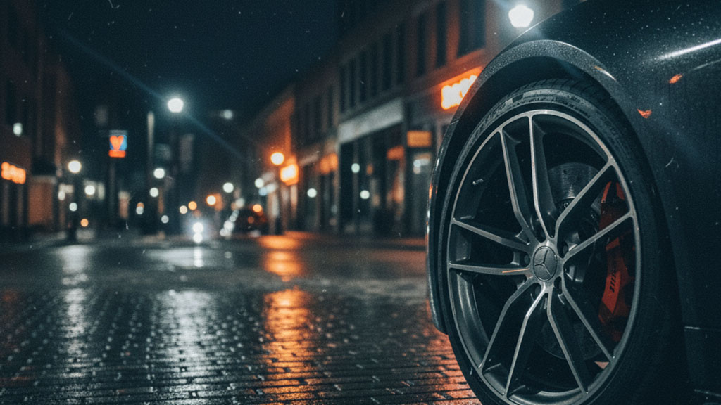 Close-up of a luxury car's wheel with red brake calipers parked on a wet city street at night, reflecting neon lights and showcasing urban automotive style.