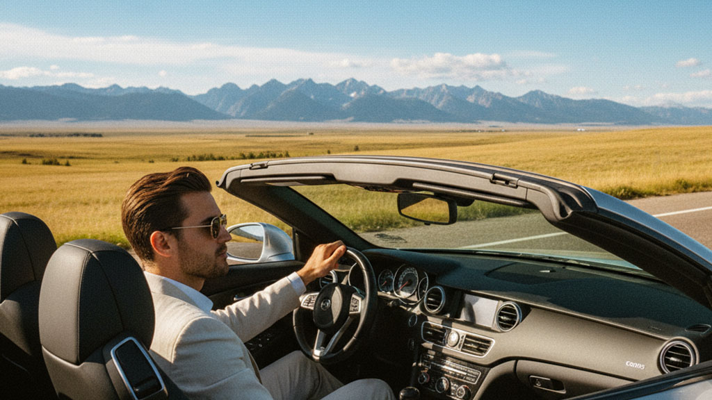 Stylish man in a suit and sunglasses driving a convertible car with the top down on a scenic road, with vast plains and majestic mountains under a clear blue sky in the background.