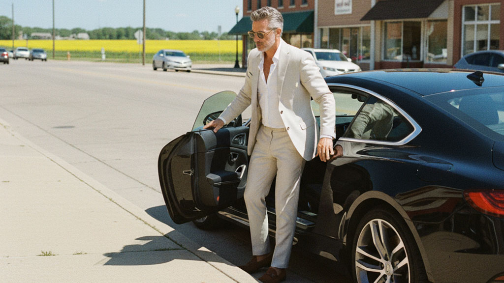 Stylish man in a light suit and sunglasses stepping out of a sleek black luxury car onto a sidewalk in a small town, with a yellow field and cars in the background.