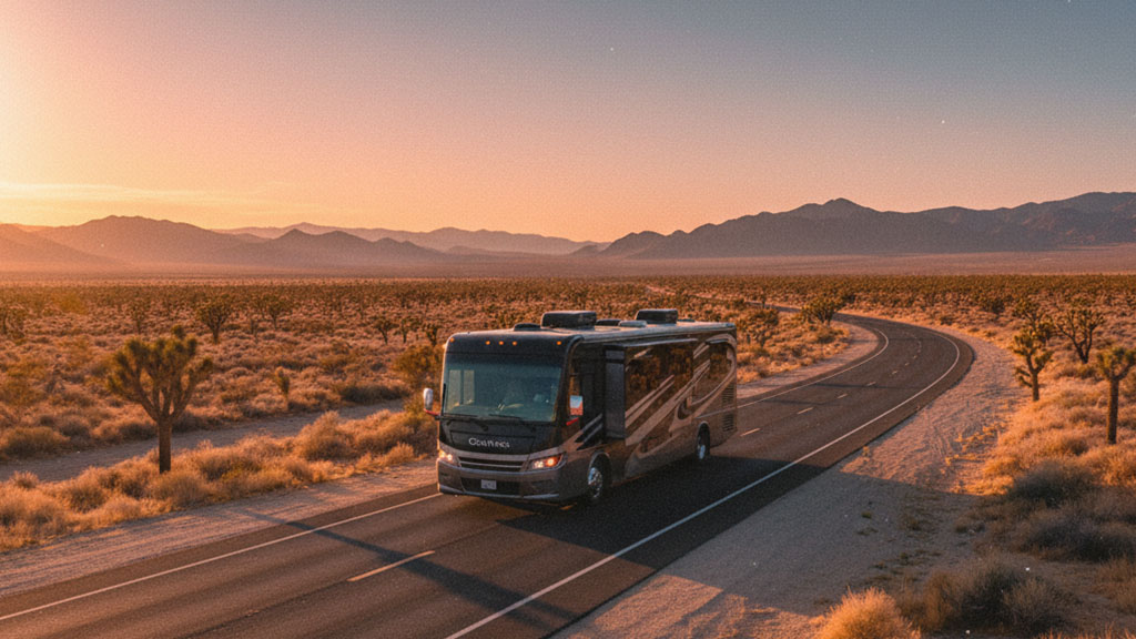 Large luxury RV driving on a winding desert road at sunset, surrounded by Joshua trees and mountains in the distance, capturing the essence of scenic road trips and adventure.