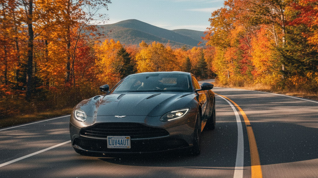 Luxurious dark grey sports car driving on a winding autumn road, flanked by vibrant orange and red fall foliage with majestic mountains in the background under a clear sky.
