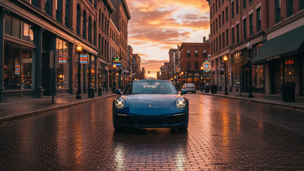 Blue Porsche 911 parked on a wet cobblestone street at sunset in a historic city district, reflecting the warm glow of the sky and building lights.