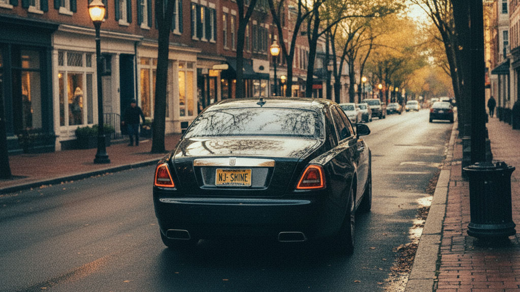 Luxurious dark sedan with personalized license plates driving down a tree-lined street with historic buildings and lampposts, capturing an elegant urban scene at dusk.