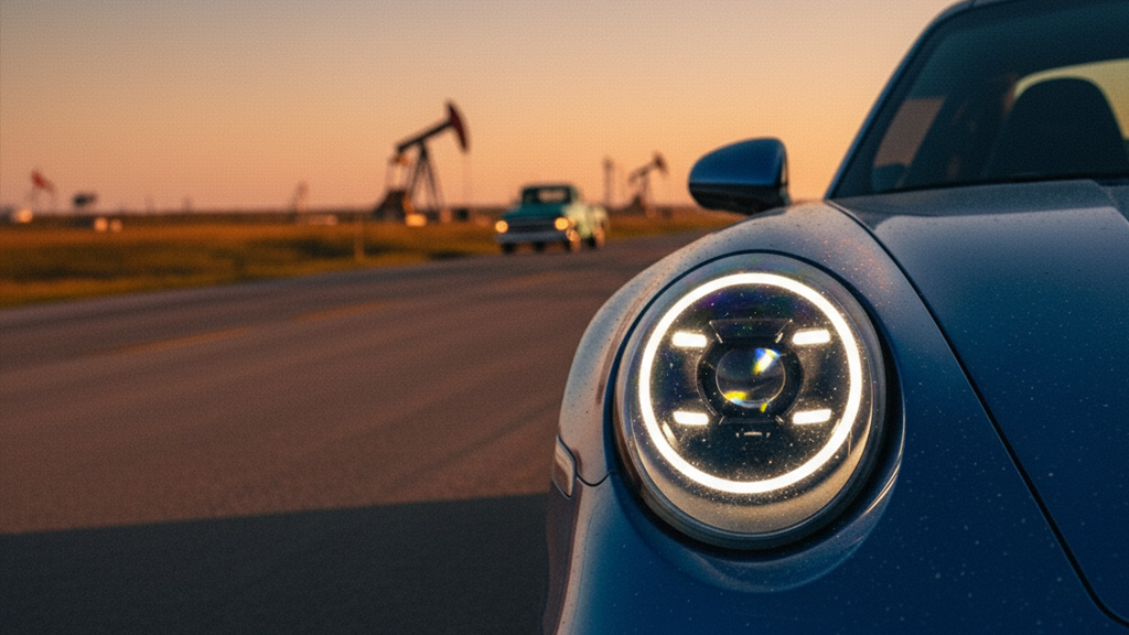 Close-up of a blue Porsche 911 headlight with oil derricks and a classic truck in the background at sunset, evoking a vast, open road feel.