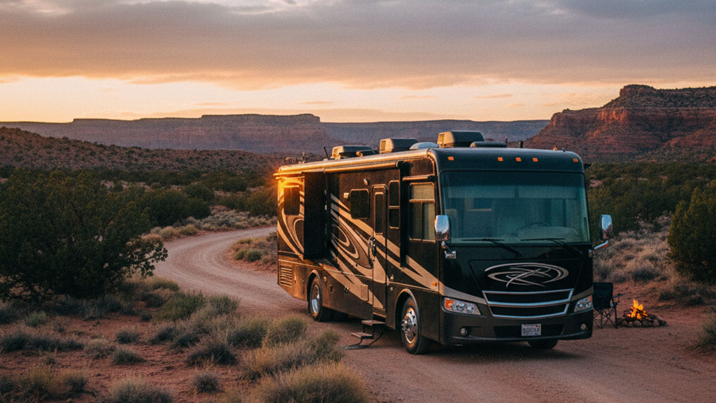 Large luxury RV parked off a dirt road in a desert landscape with a small campfire burning, dramatic rock formations in the background, and a beautiful sunset sky, perfect for remote camping.