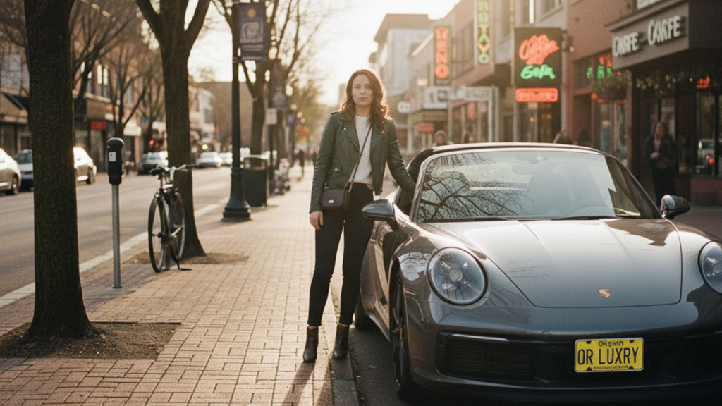 A woman in a leather jacket stands confidently next to a grey Porsche 911 with a custom "OR LUXRY" license plate, parked on a sunlit city street with shops and trees in the background.