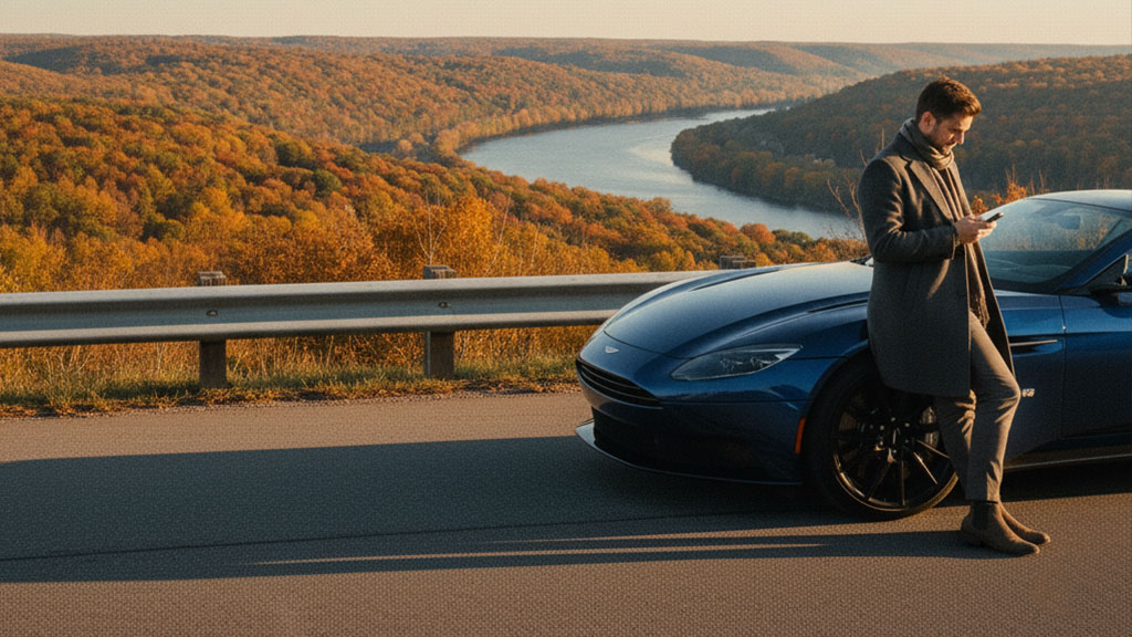 A man in a trench coat leans on a blue Aston Martin sports car, checking his phone, with a scenic autumn river valley landscape in the background at sunset.