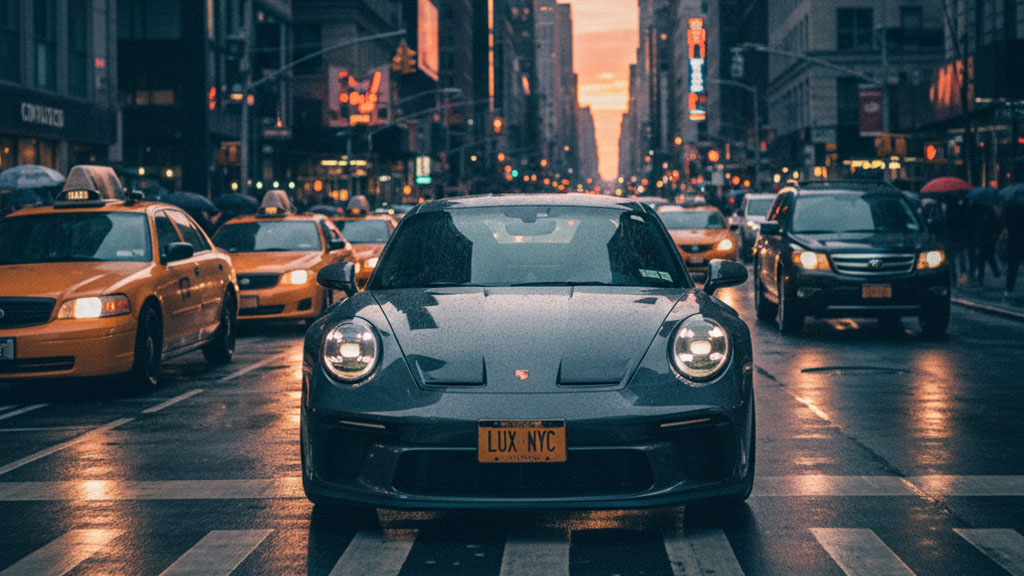Luxurious dark grey sports car with personalized license plates positioned on a wet city crosswalk at sunset, surrounded by yellow taxis and towering skyscrapers including the Empire State Building, capturing a vibrant New York urban scene.
