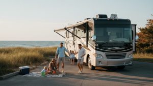 Family RV Beach Day: Camping by the Ocean - Ride Legal A family with two young children enjoys a picnic next to their large Class A RV parked by the beach, with the ocean and dunes in the background at sunset.