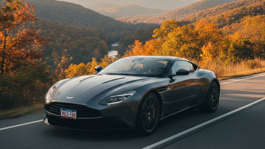 A dark grey Aston Martin sports car with a "VOLS FAN" license plate drives on a winding road through an autumn forest landscape with golden trees and a river in the distance at sunset.