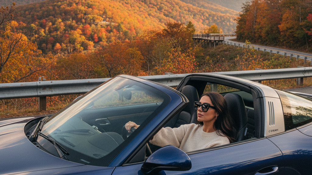 Stylish woman in sunglasses driving a blue convertible sports car on a scenic mountain road during autumn, surrounded by vibrant fall foliage and distant hills.