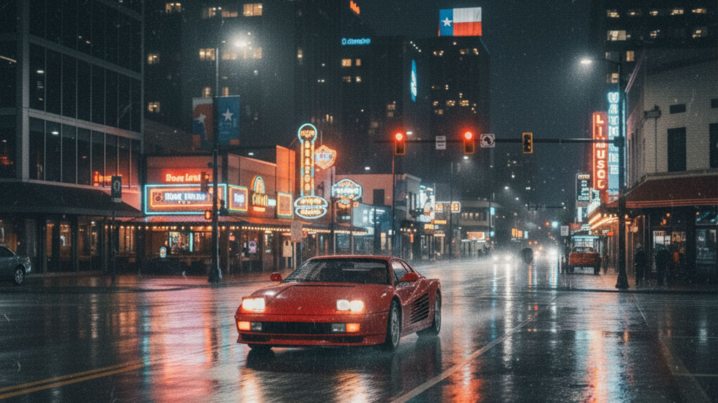 A classic red Ferrari Testarossa drives on a wet city street at night, illuminated by neon signs and traffic lights, with the Texas flag visible on a distant building.