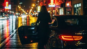 City Night Life: Woman Entering Car on a Rainy Street - Ride Legal A woman in a dark coat opens the door of a luxurious black car on a wet city street at night, with vibrant neon lights and blurred traffic in the background.