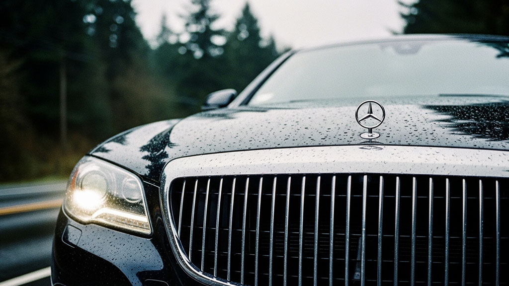 Close-up of a wet, dark Mercedes-Benz luxury car's front grille and hood ornament, with active headlights and blurred pine trees in the background, suggesting a rainy drive.