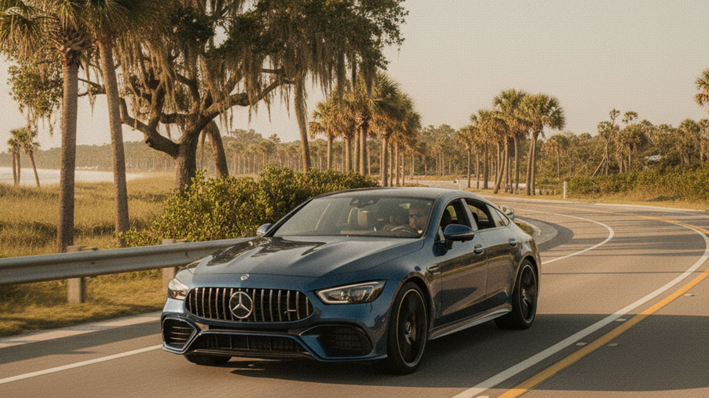 Dark blue Mercedes-AMG GT 4-Door Coupe driving on a winding coastal road lined with palm trees and a sunny beach in the background.