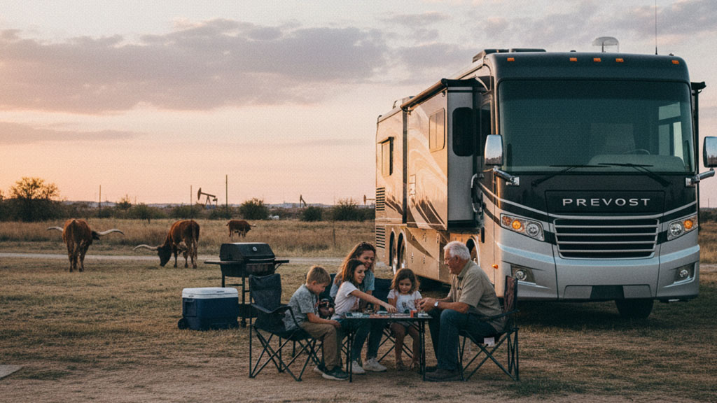 Family camping in an RV with a Prevost motorhome in a Texas field with longhorn cattle and oil pumps.