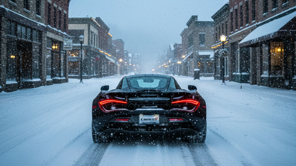 Rear view of a black McLaren supercar driving on a snowy street in a historic town at dusk.