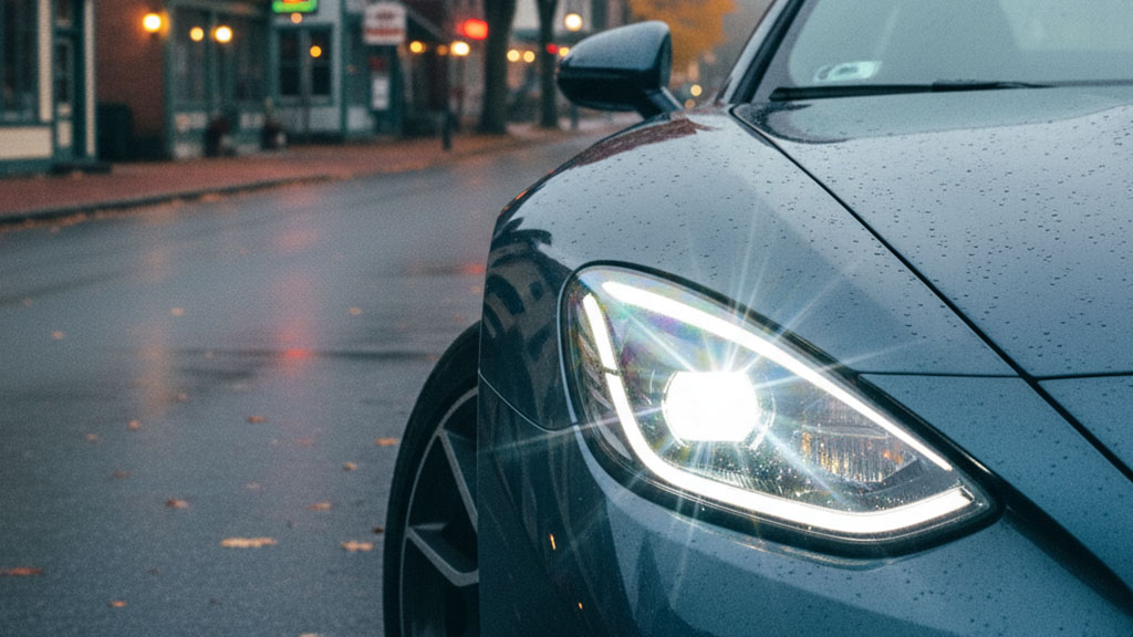 Close-up of a blue luxury car's bright LED headlight on a wet city street at dusk.