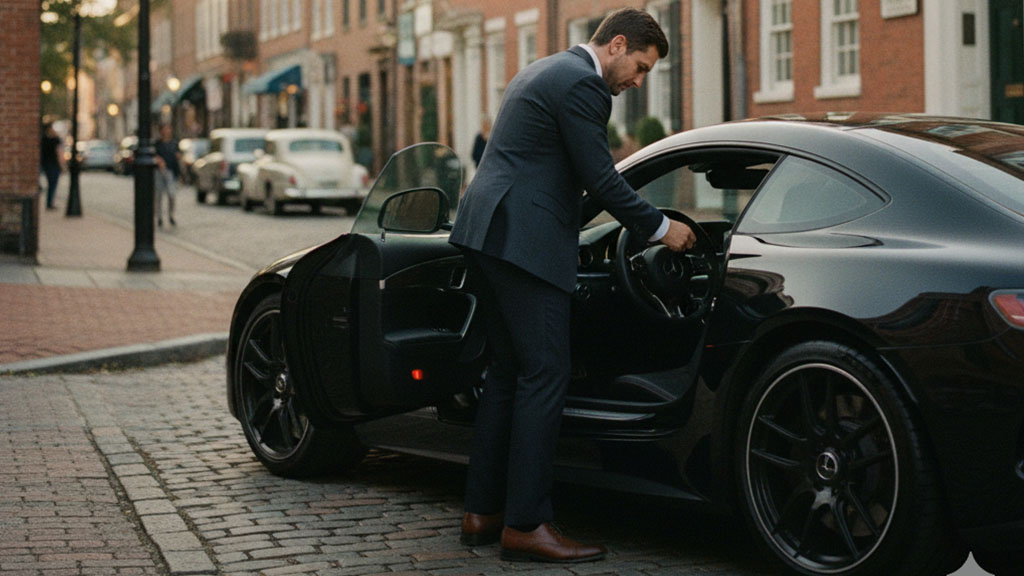 Well-dressed man in a suit opening the door of a black Mercedes-AMG GT S sports car on a cobblestone street.