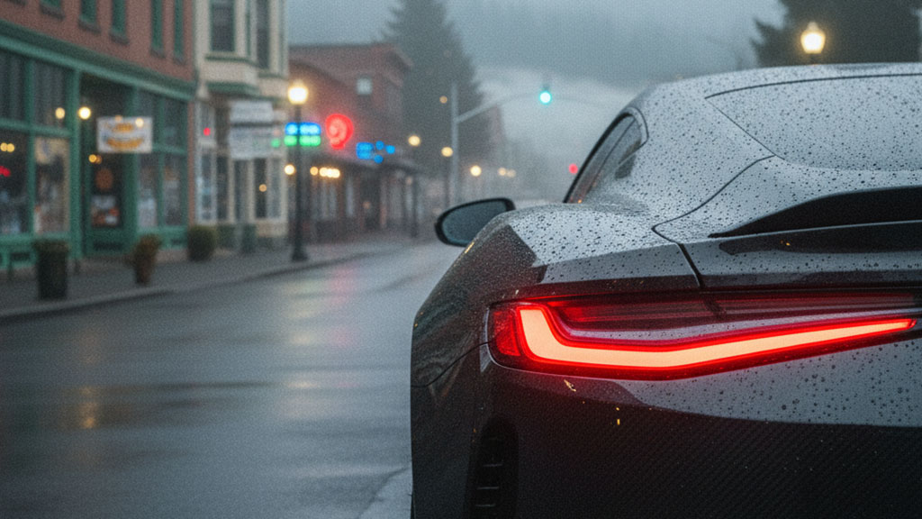Rear view of a dark sports car with glowing taillights parked on a wet street in a misty town.