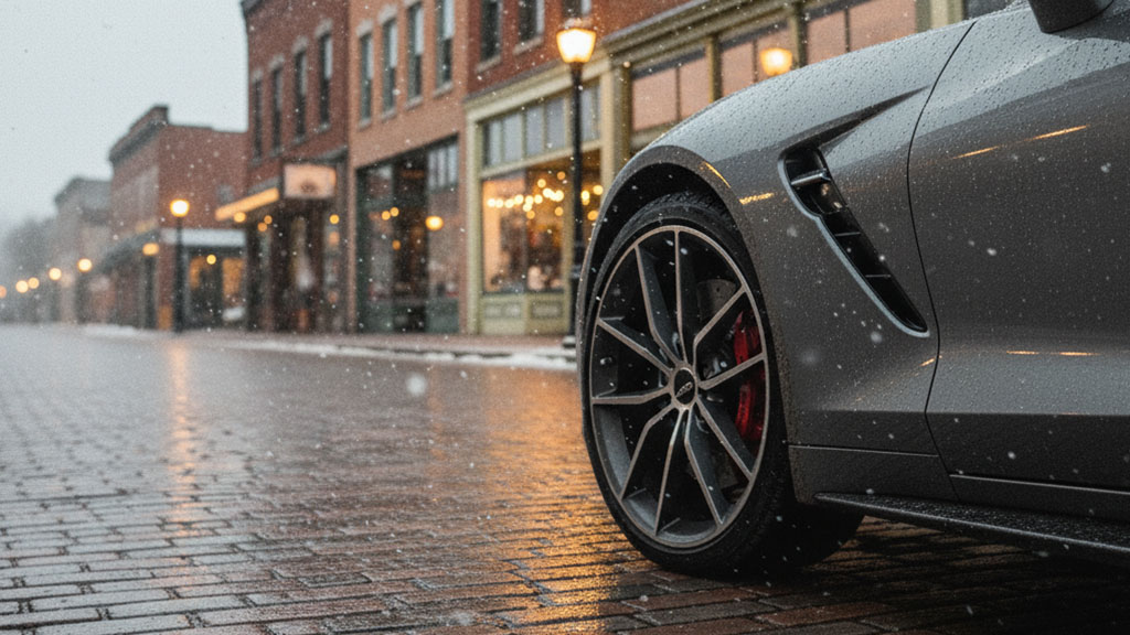 Close-up of a grey sports car's front wheel and fender on a wet, snowy cobblestone street in a historic town.
