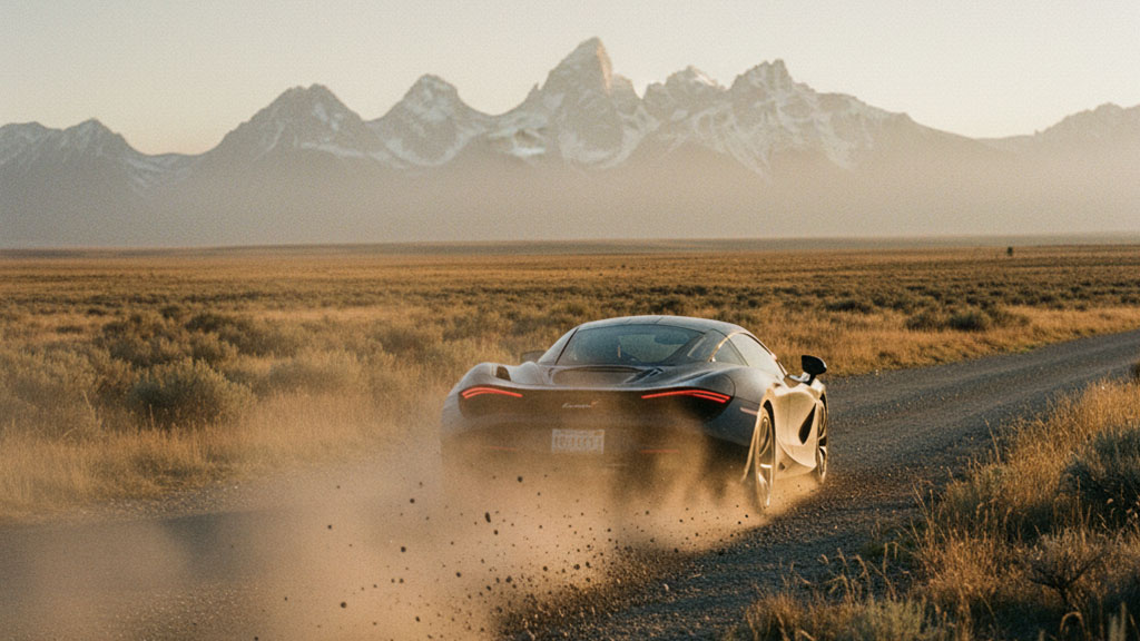 Black McLaren supercar driving fast on a dusty gravel road in a vast field with the Grand Teton mountains in Wyoming background at sunset.