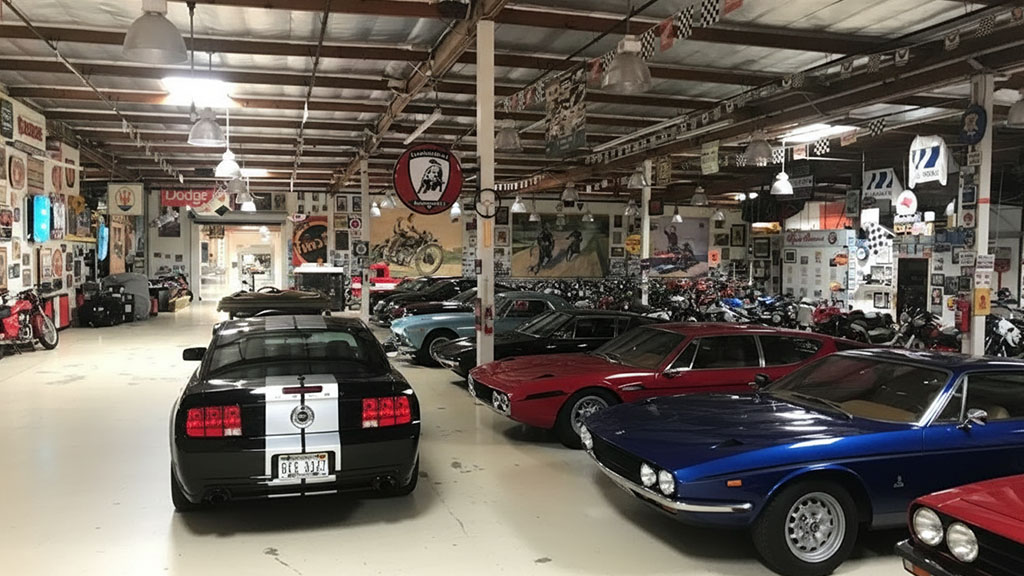A wide view of Jay Leno's sprawling car and motorcycle garage, featuring a black Ford Mustang with white racing stripes in the foreground, alongside numerous classic European cars like an Iso Grifo and a row of vintage motorcycles, all amidst automotive memorabilia.