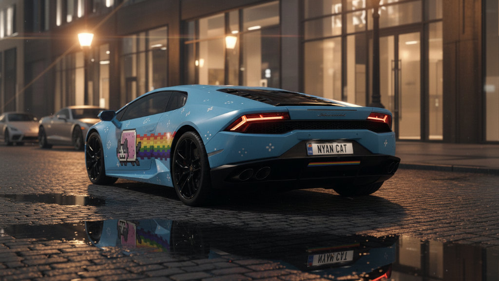 Blue Lamborghini Huracan wrapped with Nyan Cat livery on a wet city street at night