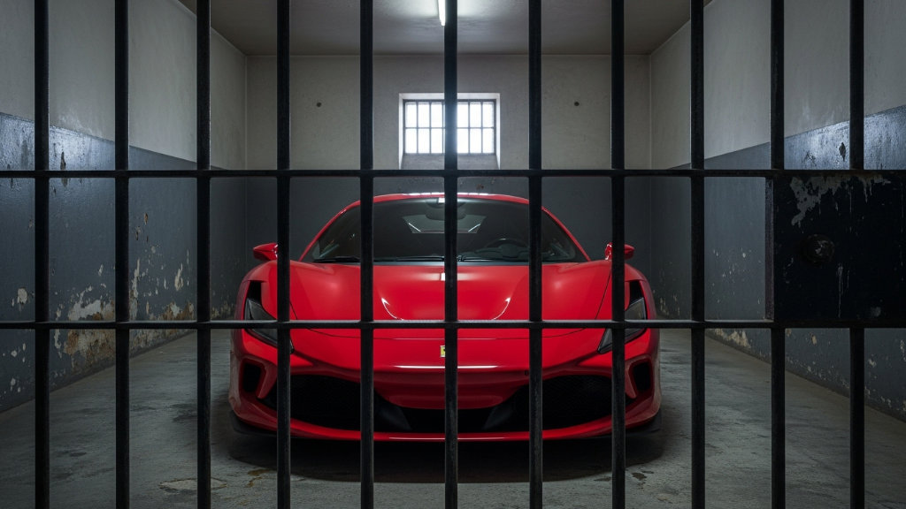 Red Ferrari F8 Tributo sports car impounded behind metal prison bars in a dimly lit concrete cell.