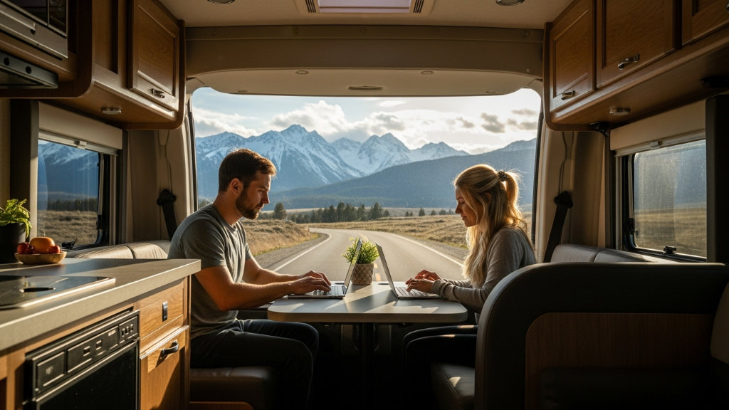 Two young digital nomads working on laptops inside an RV with a scenic view of mountains and a winding road in the background, showcasing remote work flexibility.