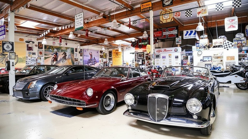 Jay Leno's Garage interior showcasing a diverse collection of classic cars and modern vehicles, including a Cadillac CTS-V, a red classic coupe, and a black vintage convertible, parked in a workshop adorned with automotive memorabilia.