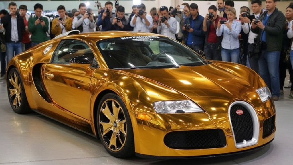 Flo Rida's gold chrome wrapped Bugatti Veyron surrounded by onlookers and photographers