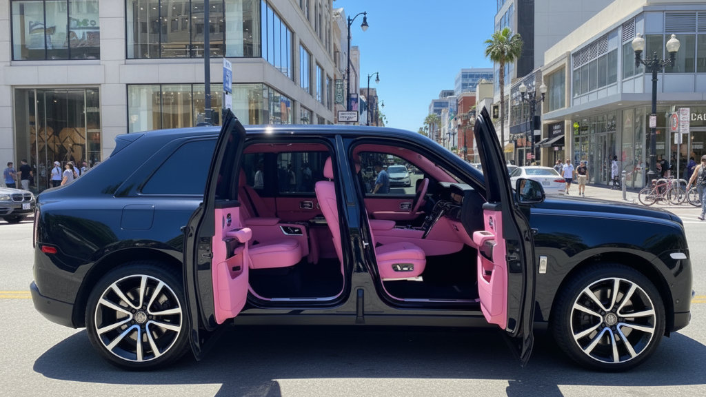 Black Rolls-Royce Cullinan SUV with custom pink interior and doors open on a city street
