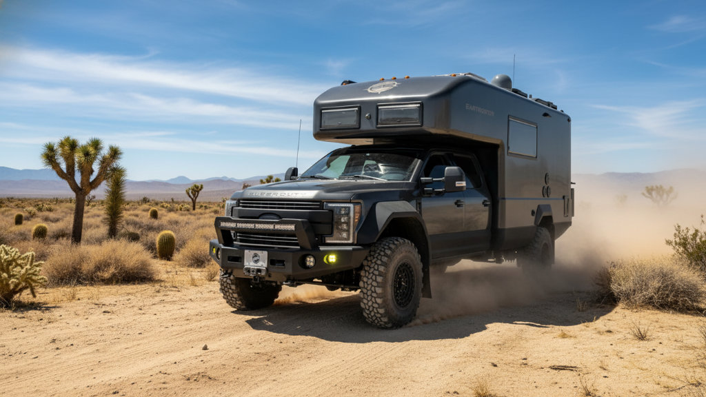 Black EarthRoamer XV-LTS off-road luxury vehicle driving in the desert with dust, Joshua trees, and cacti in the background.