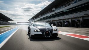 Silver McLaren F1 GTR Hypercar on Cobblestone Driveway - Ride Legal A modernized silver McLaren F1 GTR hypercar with a large rear wing and roof scoop parked on a sunlit cobblestone driveway surrounded by lush greenery.