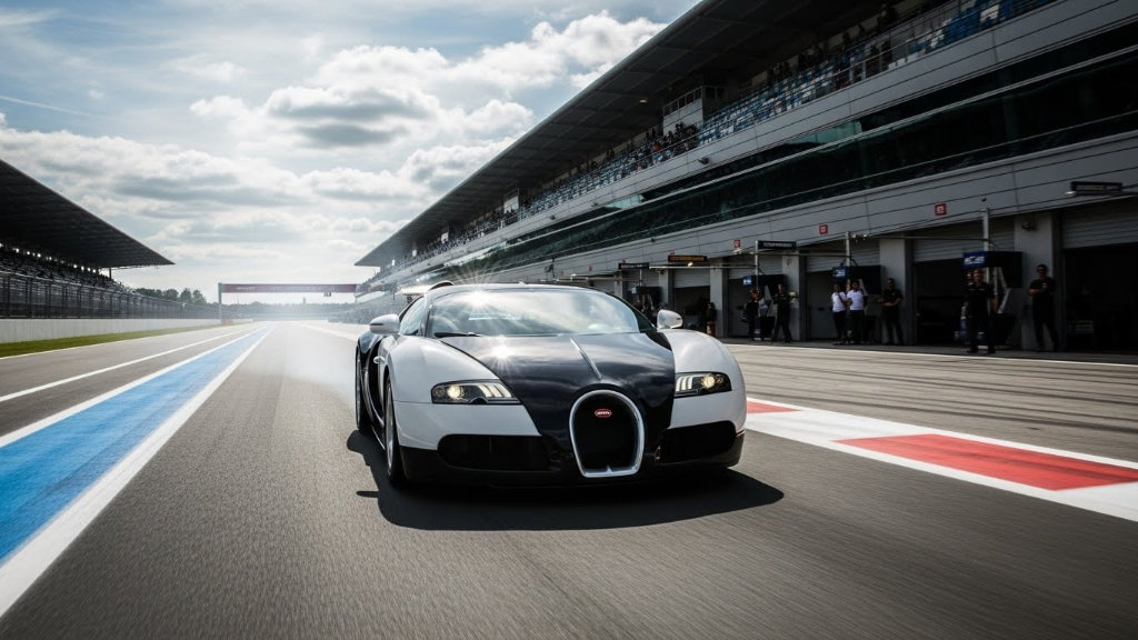 A modernized silver McLaren F1 GTR hypercar with a large rear wing and roof scoop parked on a sunlit cobblestone driveway surrounded by lush greenery.