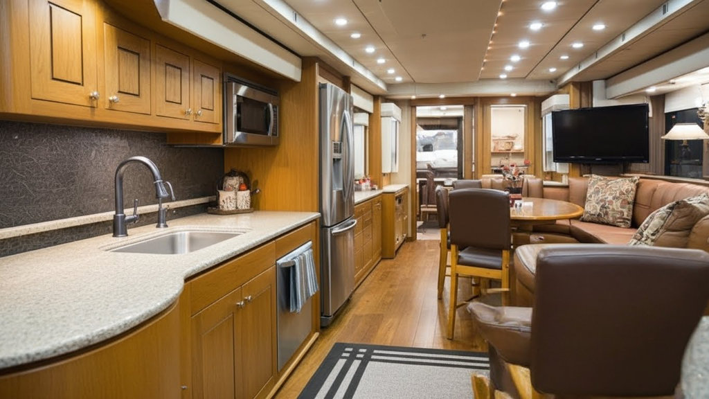Luxury RV interior kitchen and living area with wood cabinets, leather sofa, recessed lighting, and a double-decker celebrity motorhome visible through the open slide-out.
