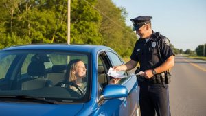 Professional police traffic stop and driver document check. - Ride Legal A friendly police officer handing a document to a smiling female driver in a blue car during a roadside traffic stop on a rural highway.