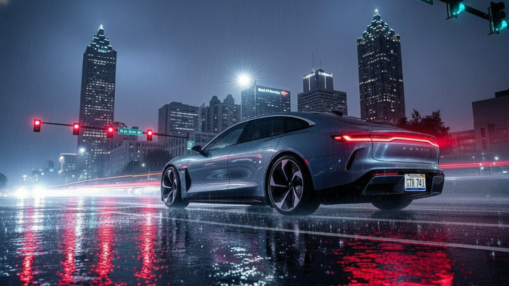 Sleek 2025 luxury EV sedan driving at night, showcasing advanced design and electric performance.